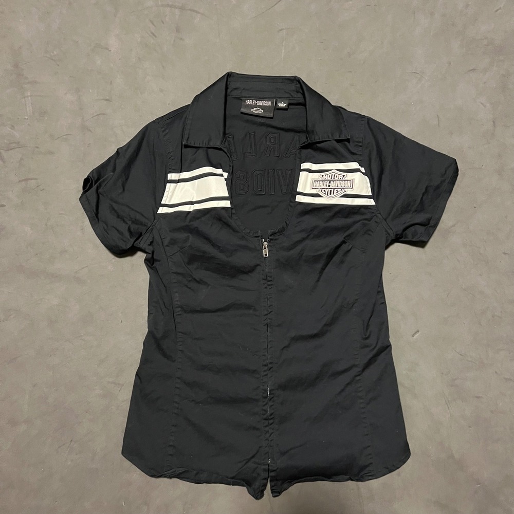 Harley Davidson Zip Up Garage Mechanic Shirt Womens Small Black Racing Stripe